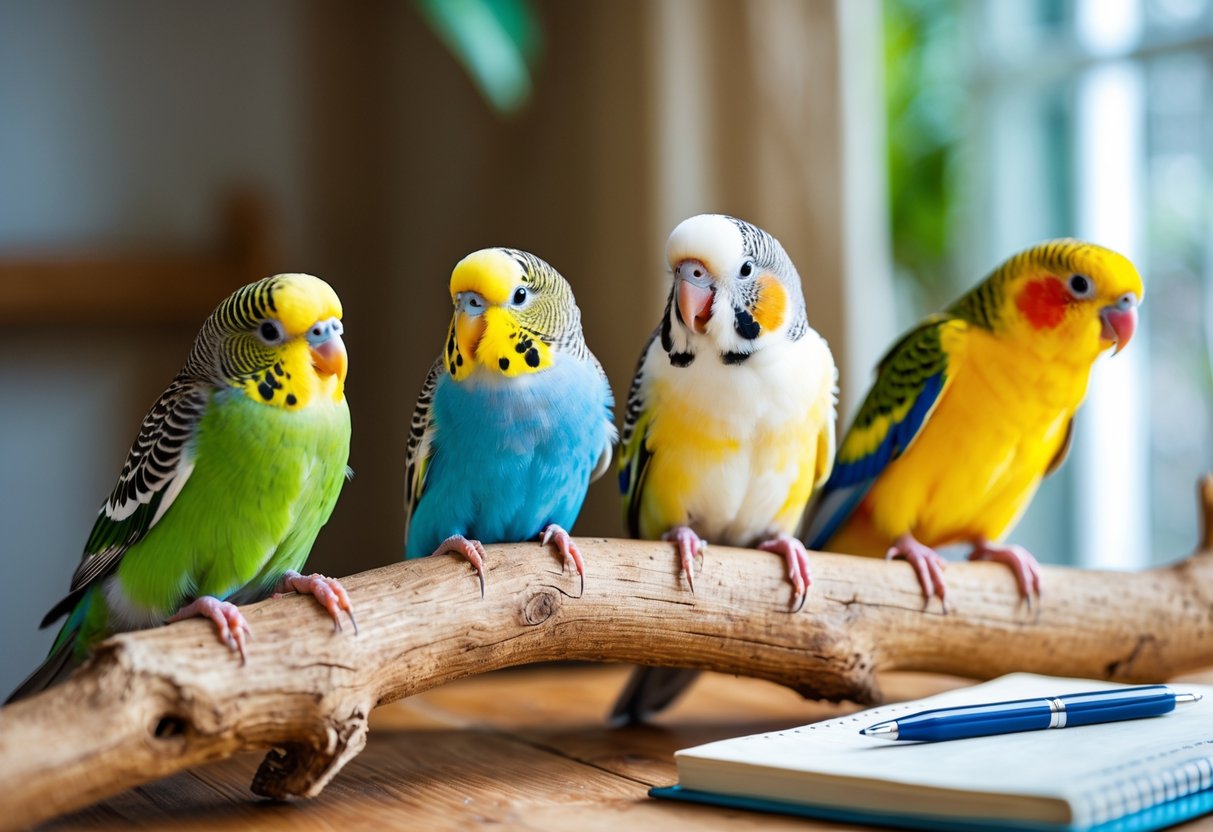 Several colorful pet birds perched on branches indoors with soft natural light and a notebook in the background.