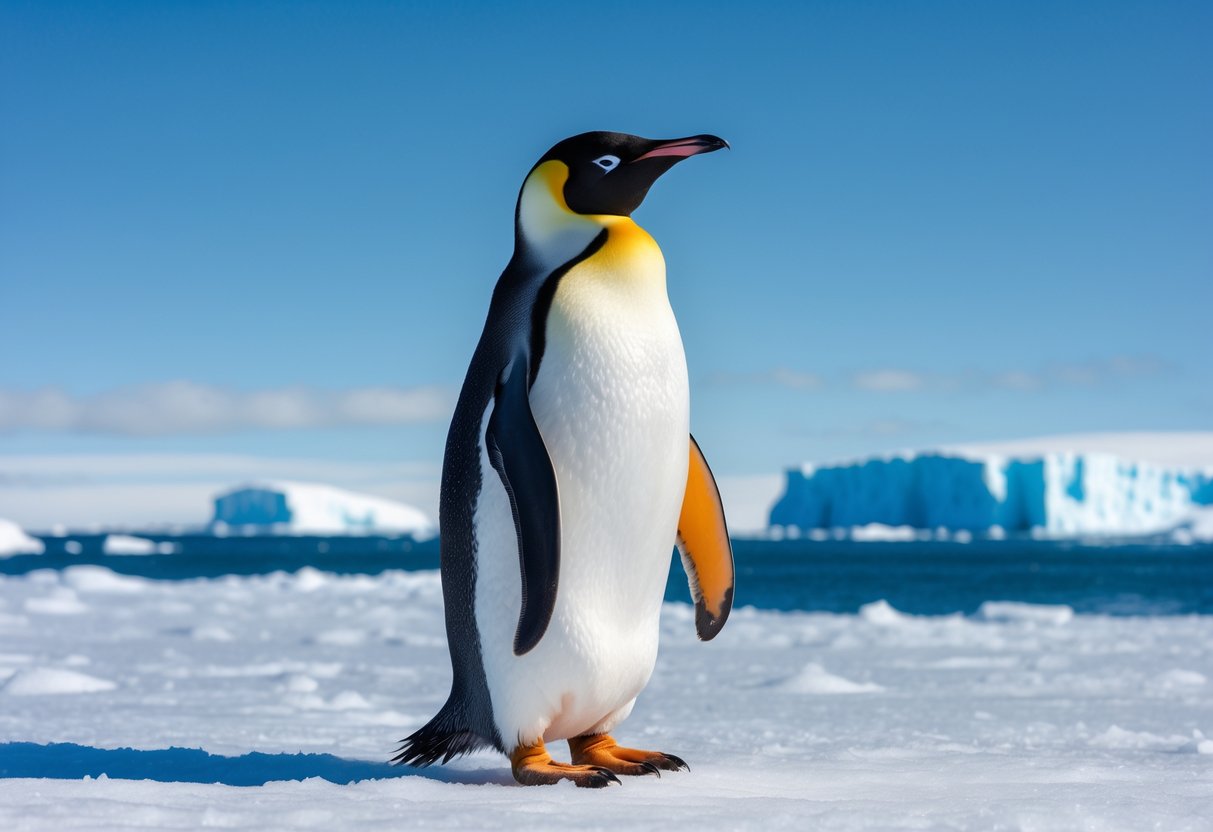 An emperor penguin standing on ice with a clear blue sky and snowy landscape in the background.