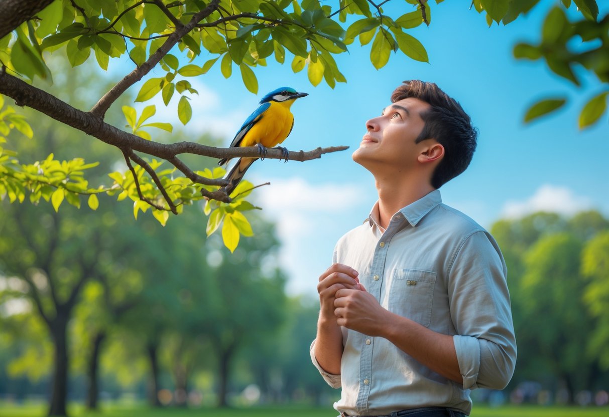 A young man looking up at a colorful bird perched on a tree branch in a green park.