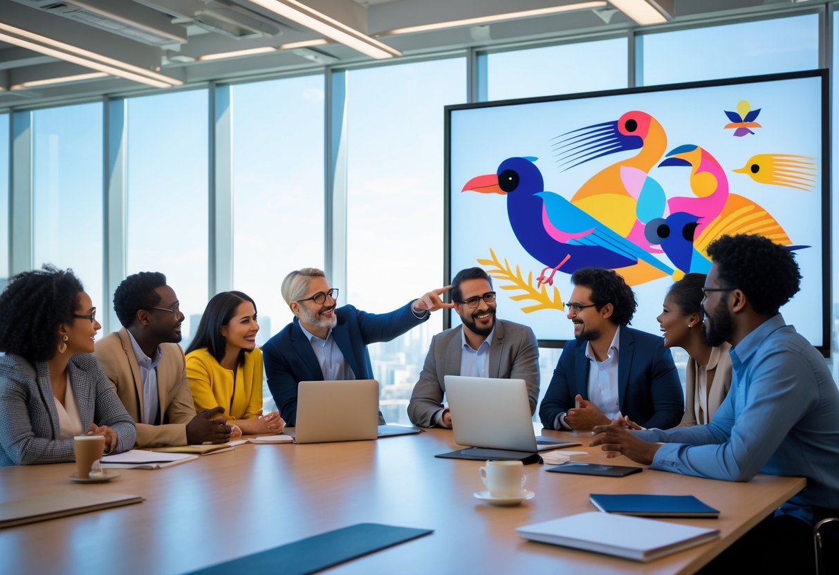 A diverse group of people discussing around a conference table with a digital screen showing colorful bird and cultural symbols.