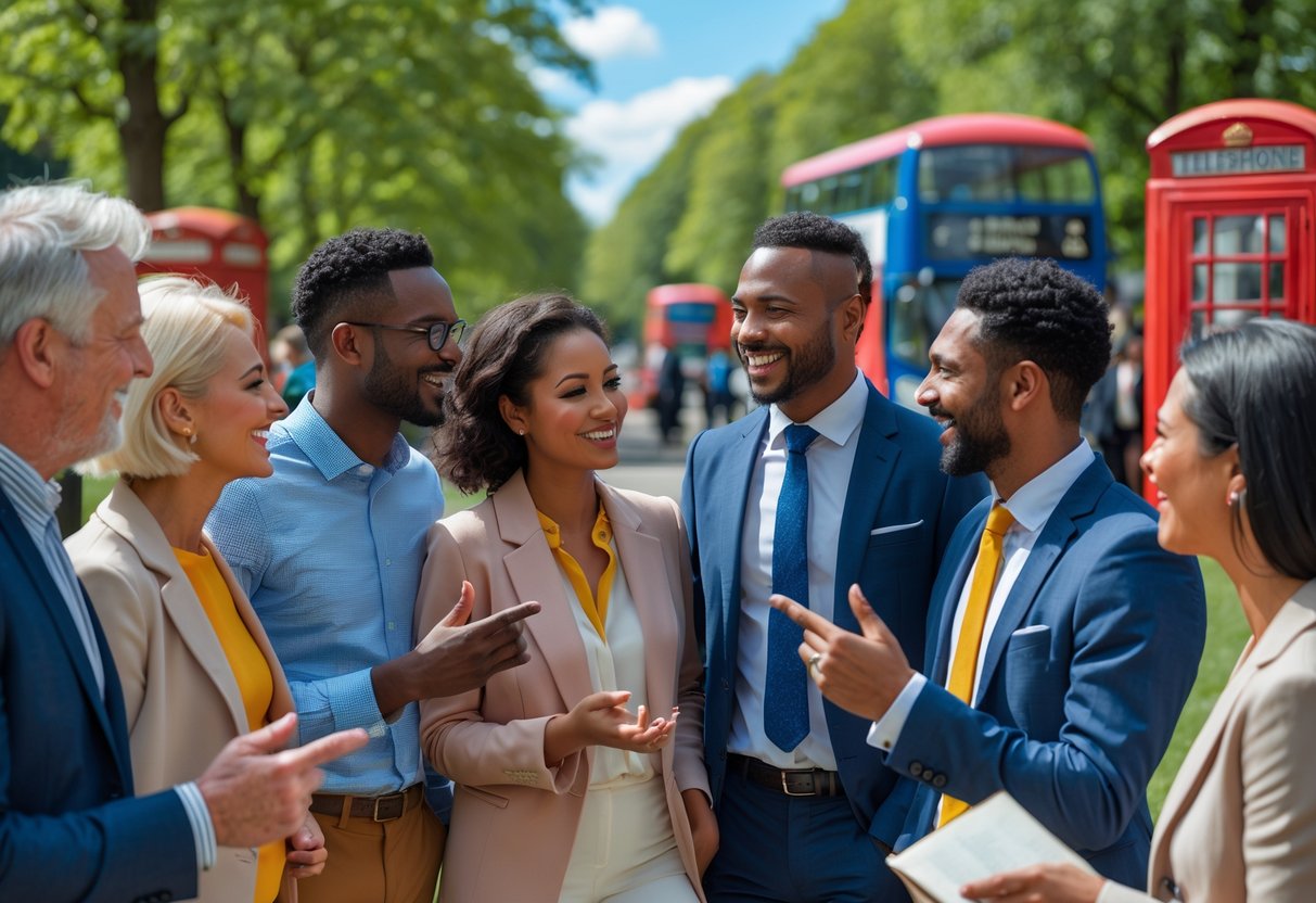 A diverse group of British people talking together outdoors in a park with red telephone booths and double-decker buses in the background.