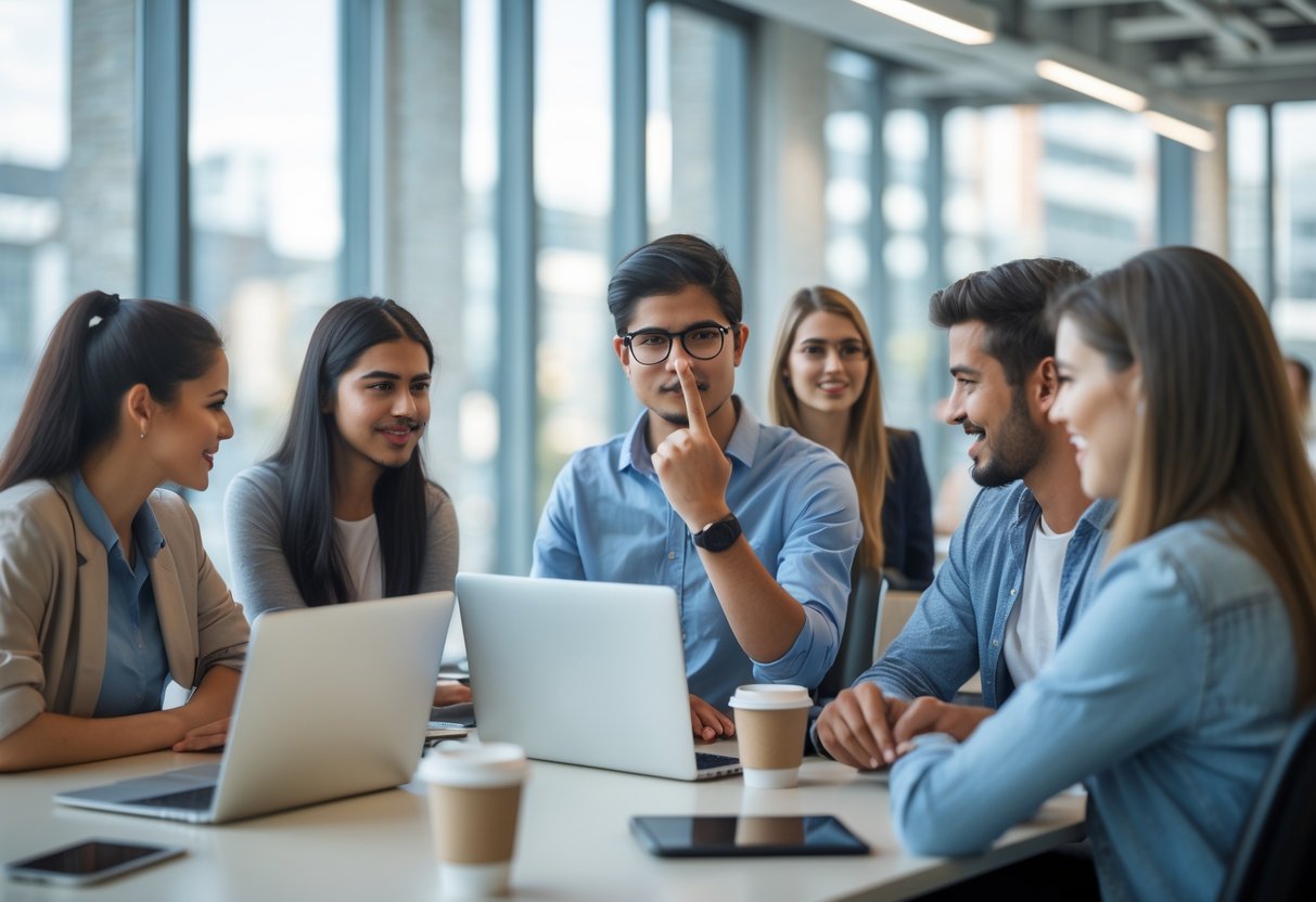 A group of young adults talking in an office, one person discreetly making a hand gesture behind their back.