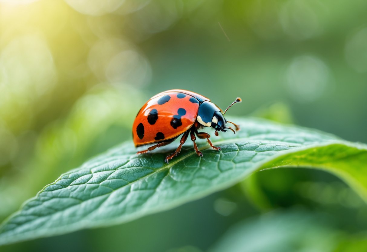 A red ladybird with black spots resting on a green leaf outdoors.
