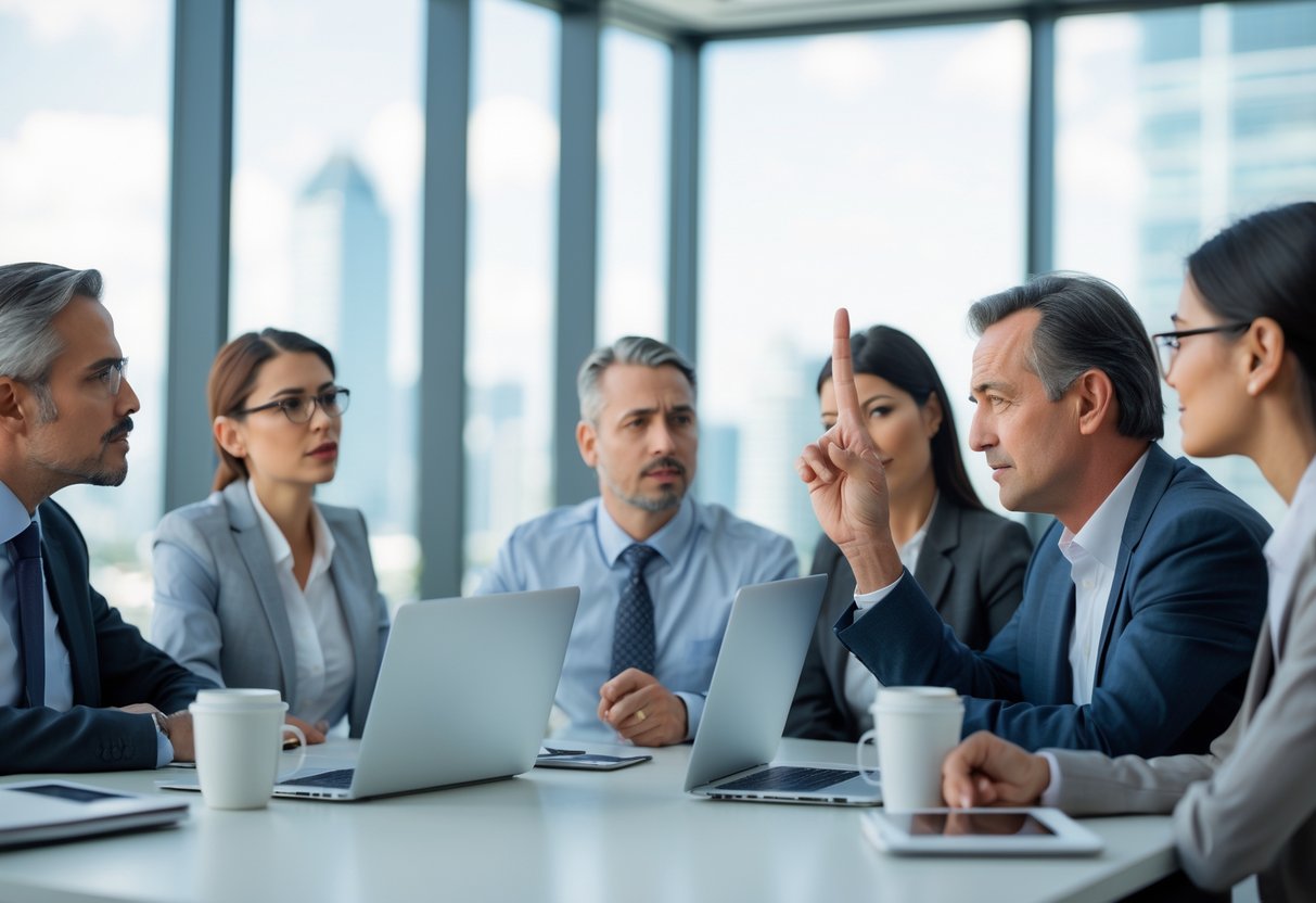 A group of adults in an office having a serious discussion, with one person subtly raising their middle finger while others react with surprise.