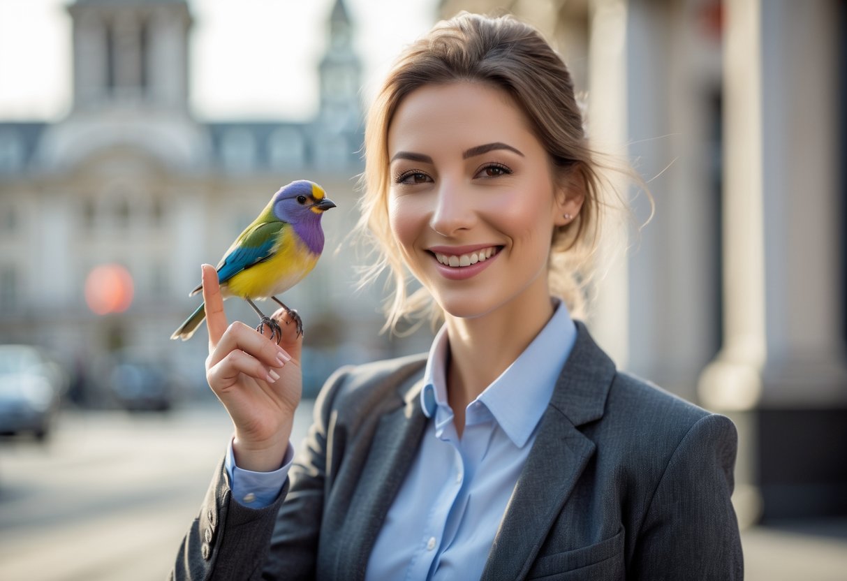 A smiling young British woman outdoors holding a small colorful bird perched on her finger with city buildings in the background.