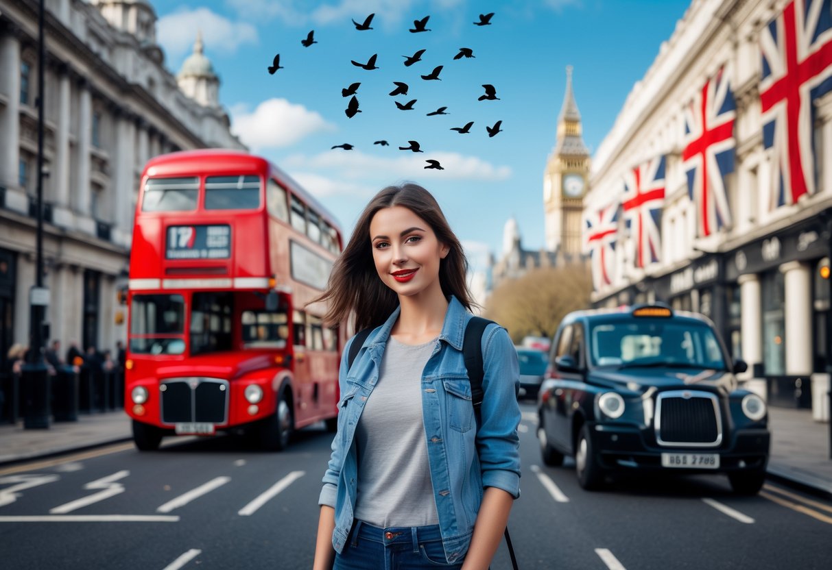 A young British woman standing on a busy London street with red double-decker buses and classic buildings in the background.