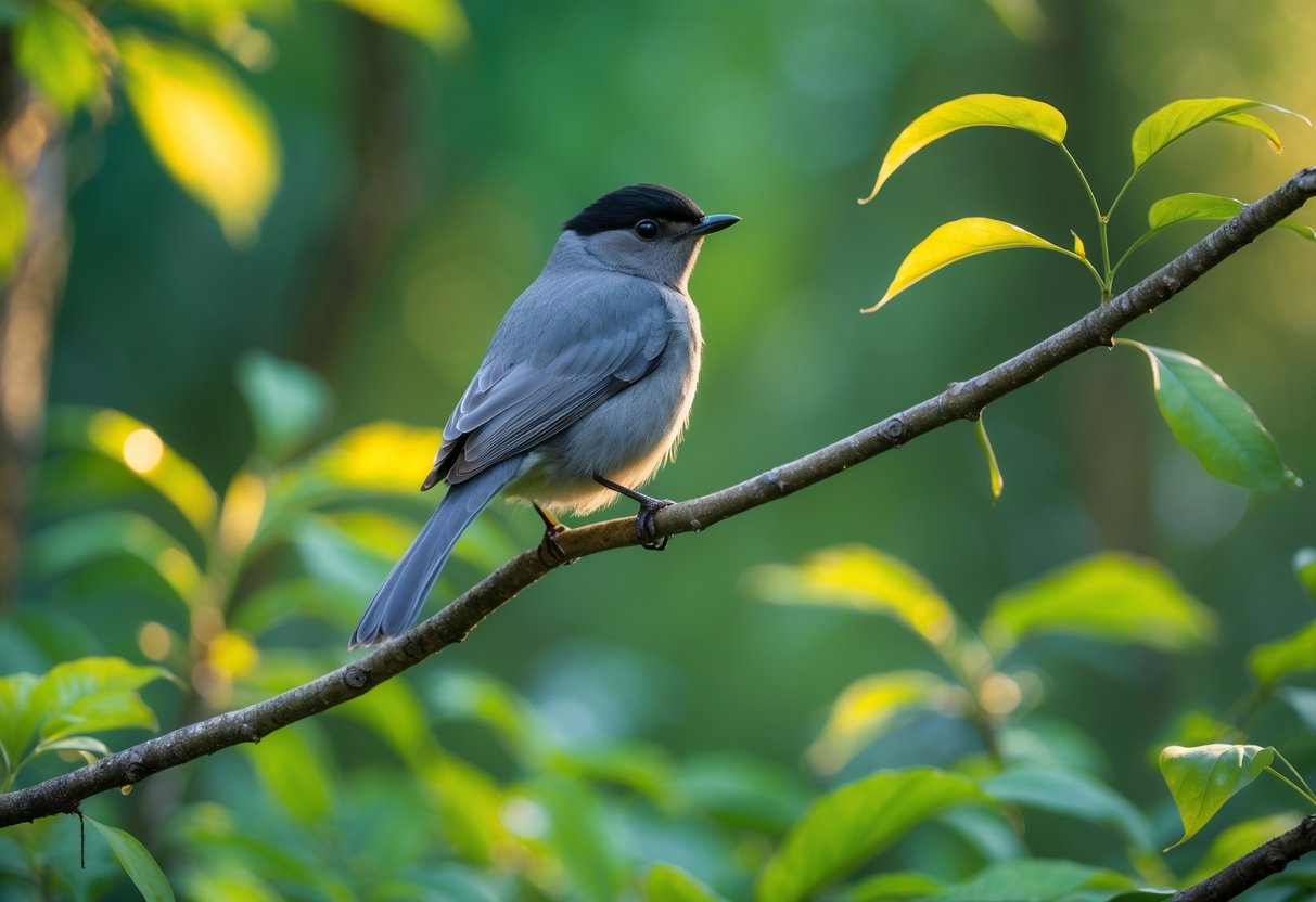 A gray catbird perched on a branch surrounded by green leaves in a forest setting.