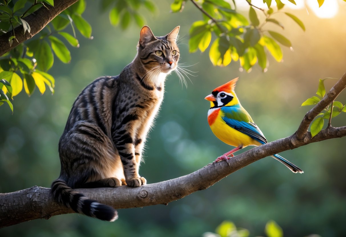 A cat and a colorful catbird perched on nearby tree branches in a green, sunlit forest.