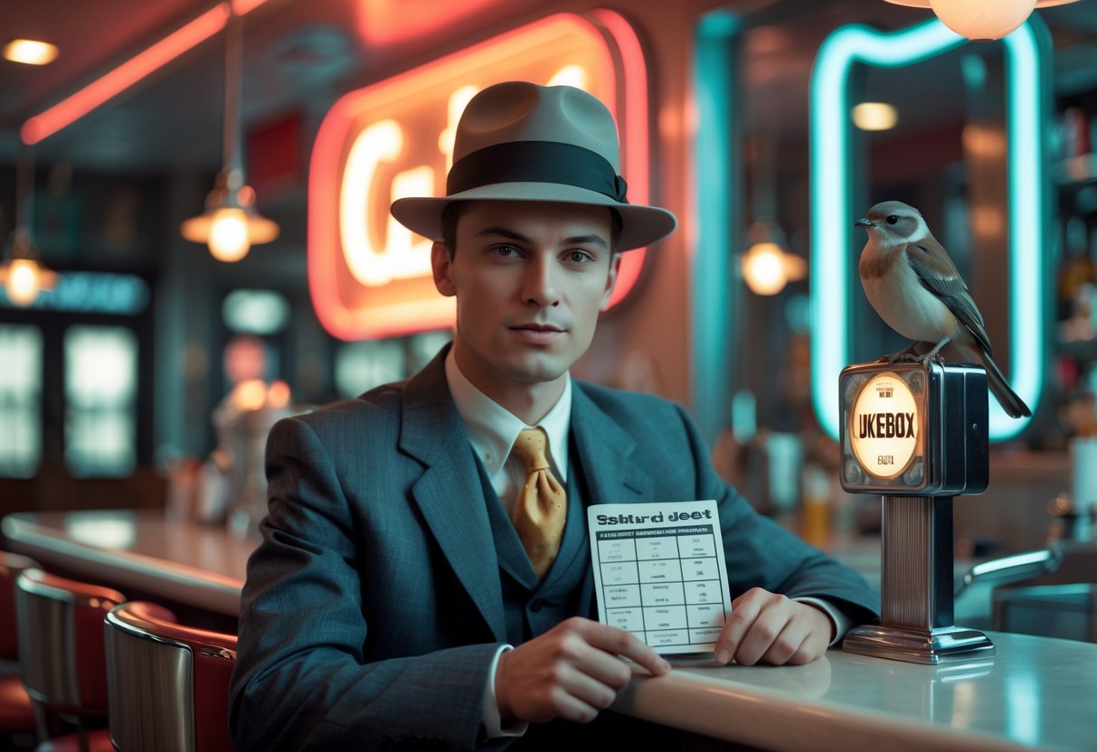 A young man in 1940s attire sitting confidently at a diner counter with a catbird perched on a neon sign nearby.