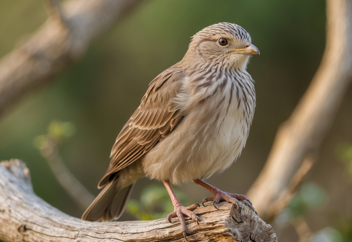 An elderly bird with detailed feathers perched on a wooden branch in a natural outdoor setting.