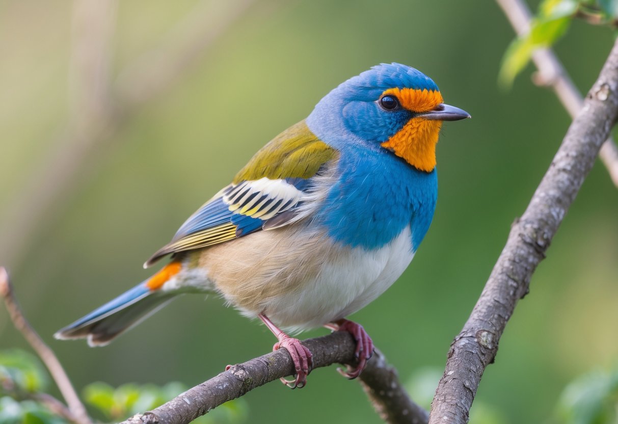 A colorful bird perched on a branch with green foliage in the background.