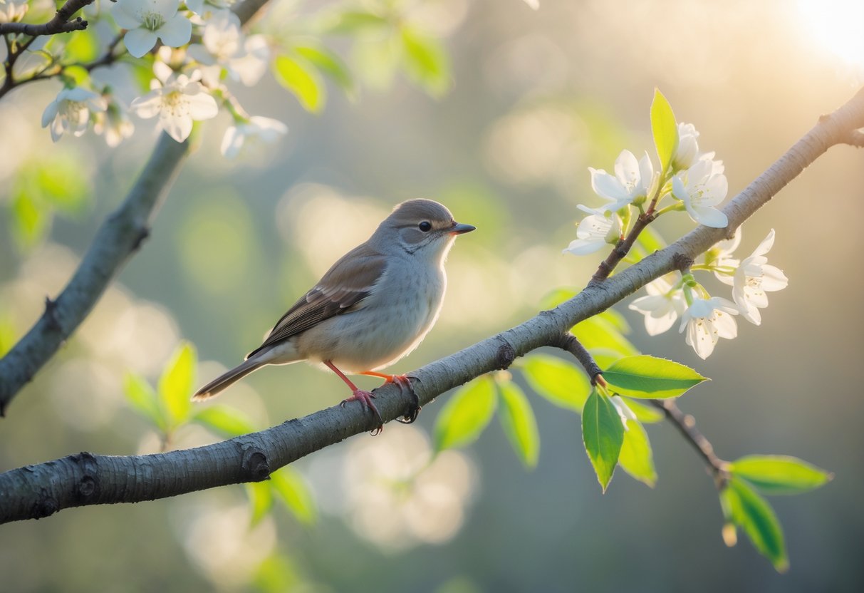 A small bird quietly perched on a branch of a blossoming tree in soft morning light.