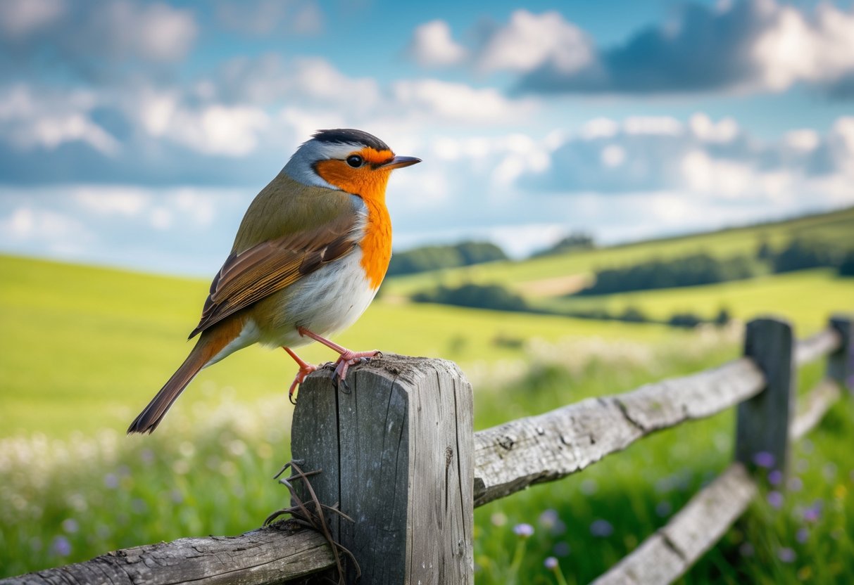 A small colorful bird perched on a wooden fence in a green countryside with hills and wildflowers in the background.