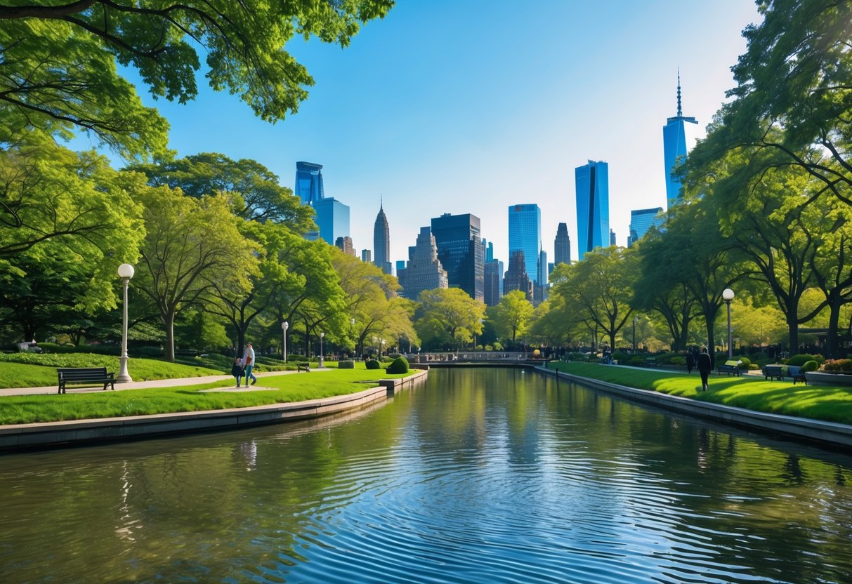 A peaceful urban park with a pond, green trees, and New York City skyscrapers in the background under a clear sky.