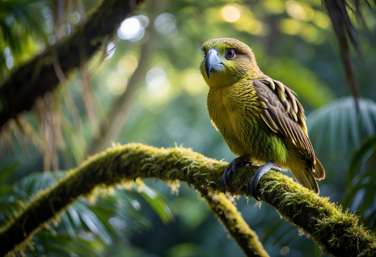 A rare Kakapo bird perched on a mossy branch in a dense forest.