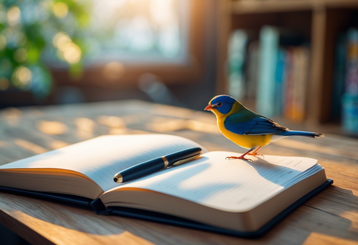 A small bird perched on a wooden desk next to an open notebook and pen in a cozy workspace.