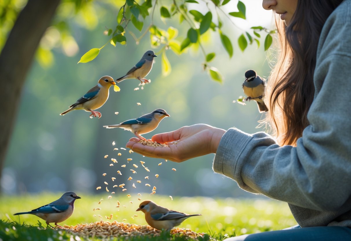 A person feeding small birds one by one in a sunlit park surrounded by trees and greenery.