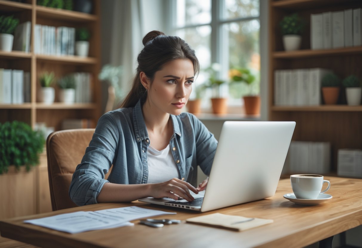 A young woman sitting at a desk looking thoughtfully at a laptop in a cozy home office.