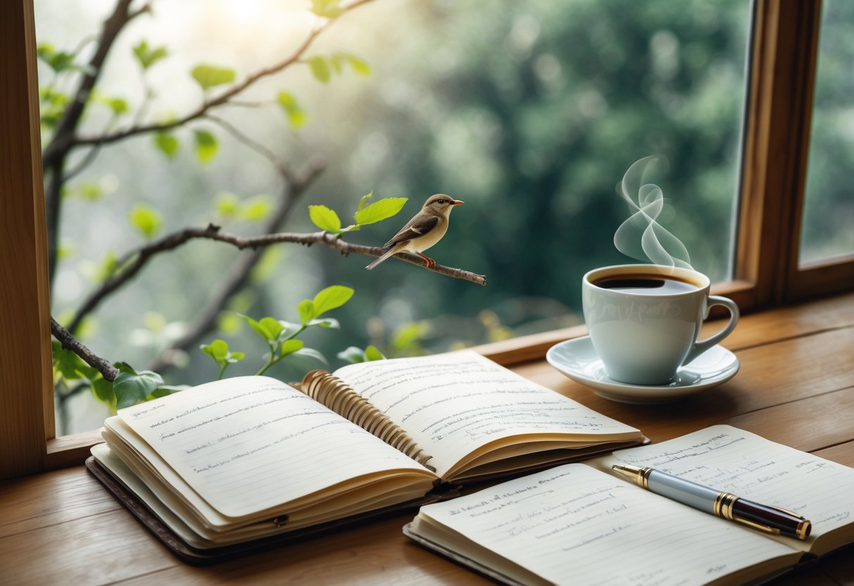 A cozy writing desk by a window with an open notebook, a pen, a cup of coffee, and a small bird perched on a tree branch outside.