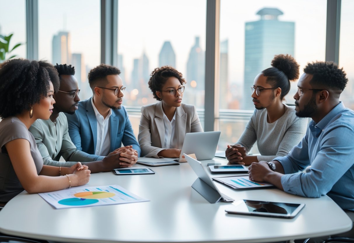A diverse group of people having a serious discussion around a conference table in a bright office with city views.