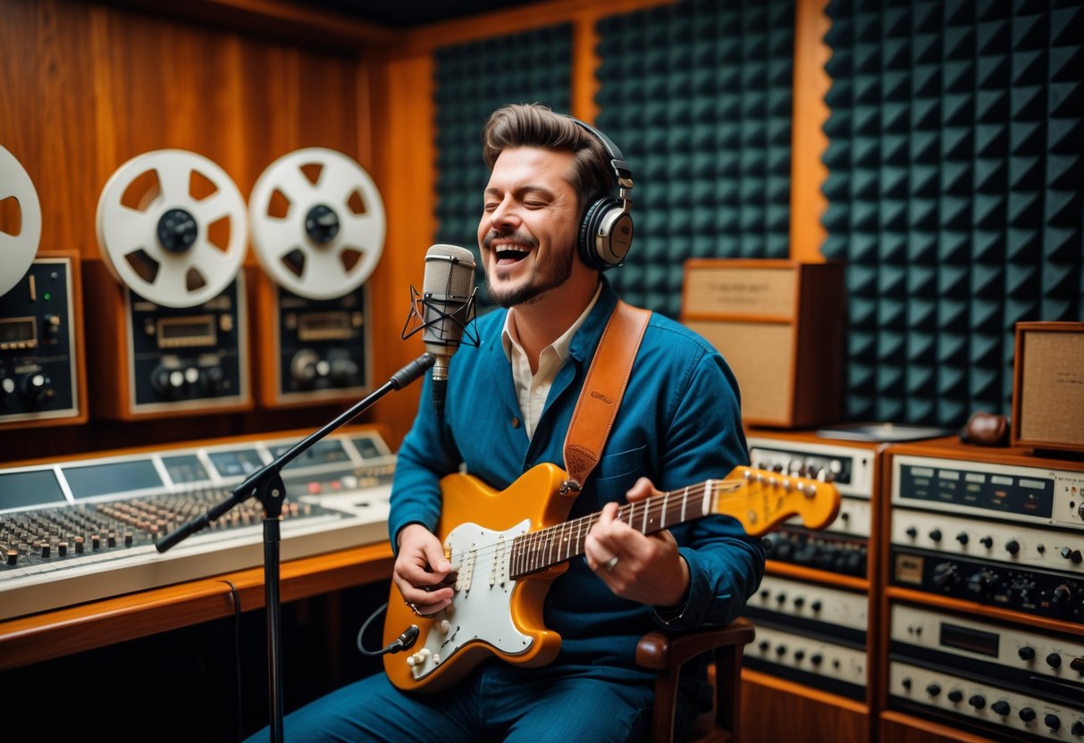 A male musician singing and playing guitar in a vintage recording studio with audio equipment around him.