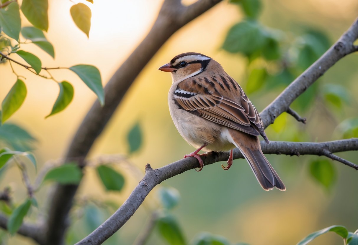 A house sparrow perched on a tree branch surrounded by green leaves.