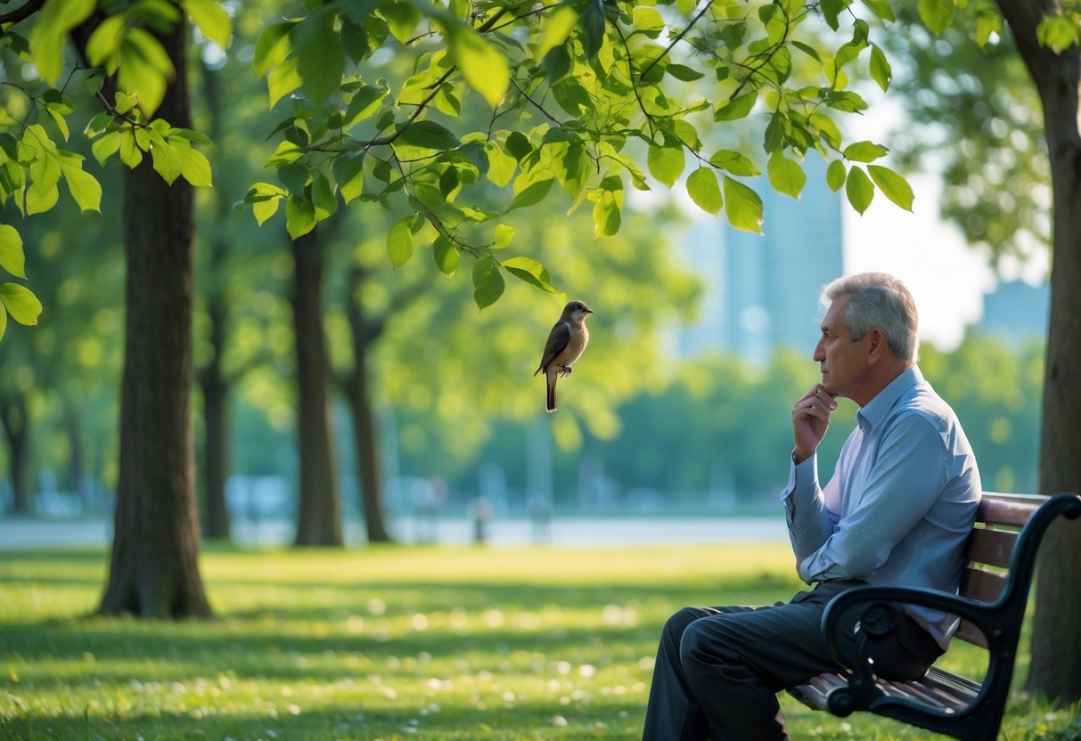 A middle-aged man sitting alone on a park bench looking at a small bird on a tree branch.