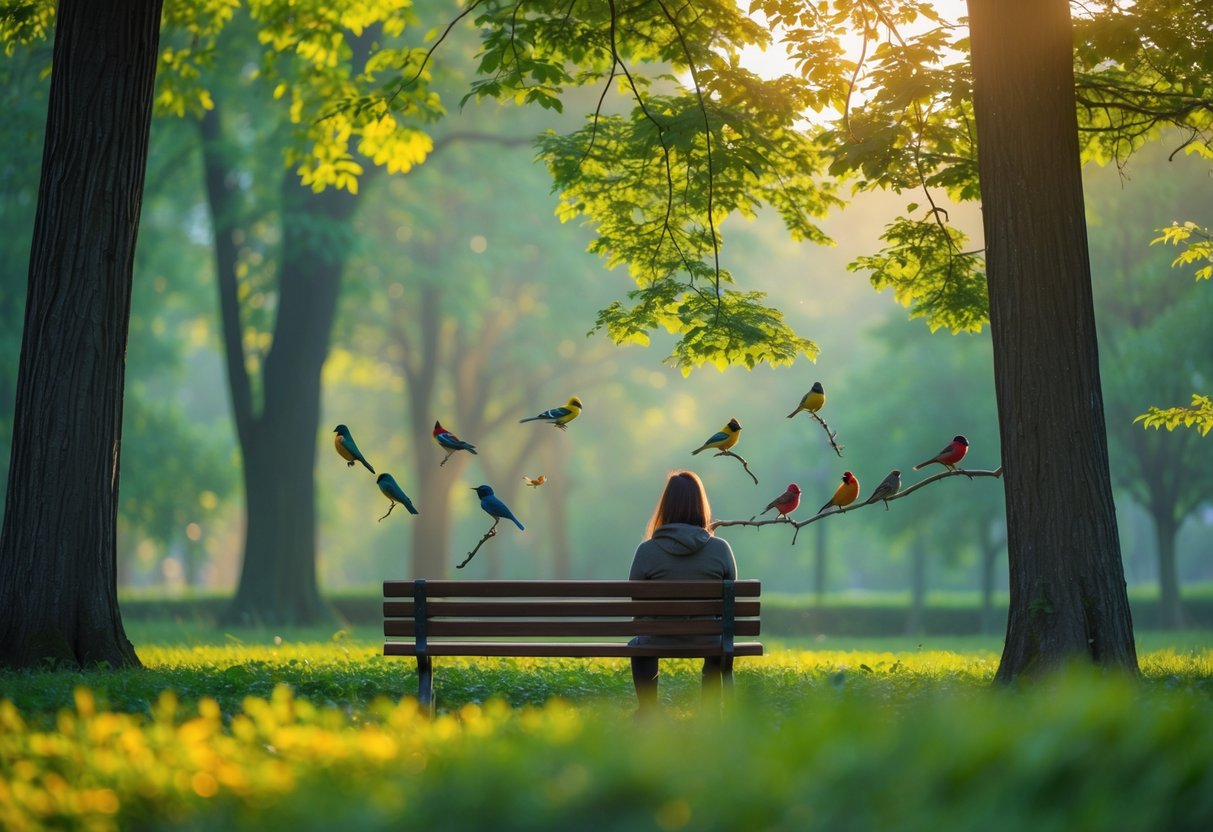 A person sitting on a bench in a green park watching colorful birds perched on tree branches.