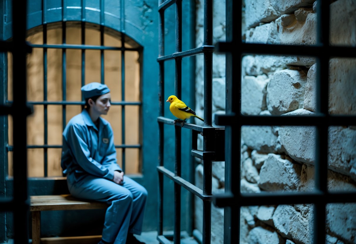 A person in a prison cell sitting on a bench with a small bird perched on the cell bars.