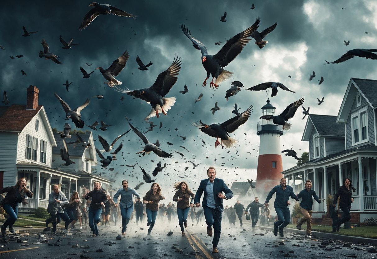People running in panic as a swarm of birds attacks a coastal town under dark stormy skies.
