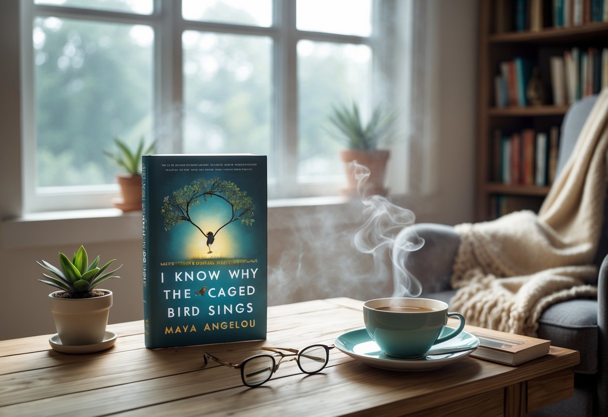 A cozy reading nook with a book on a wooden table, a cup of tea, reading glasses, and a comfortable armchair nearby.