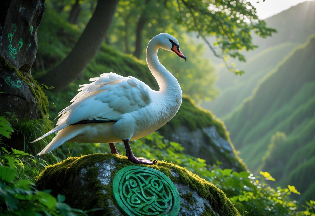 A large white swan perched on a mossy stone in a green forest with misty hills in the background.