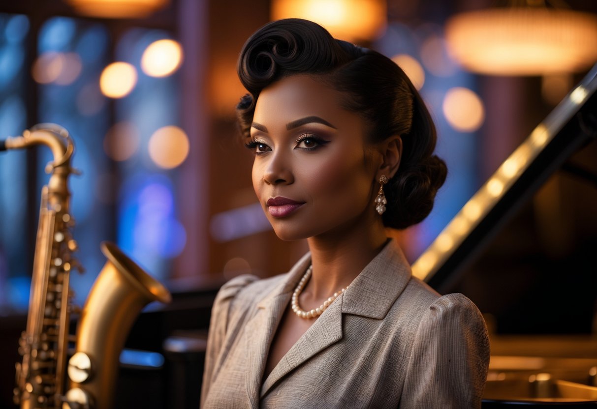 An African American woman in 1940s style dress standing in a softly lit jazz club with musical instruments in the background.