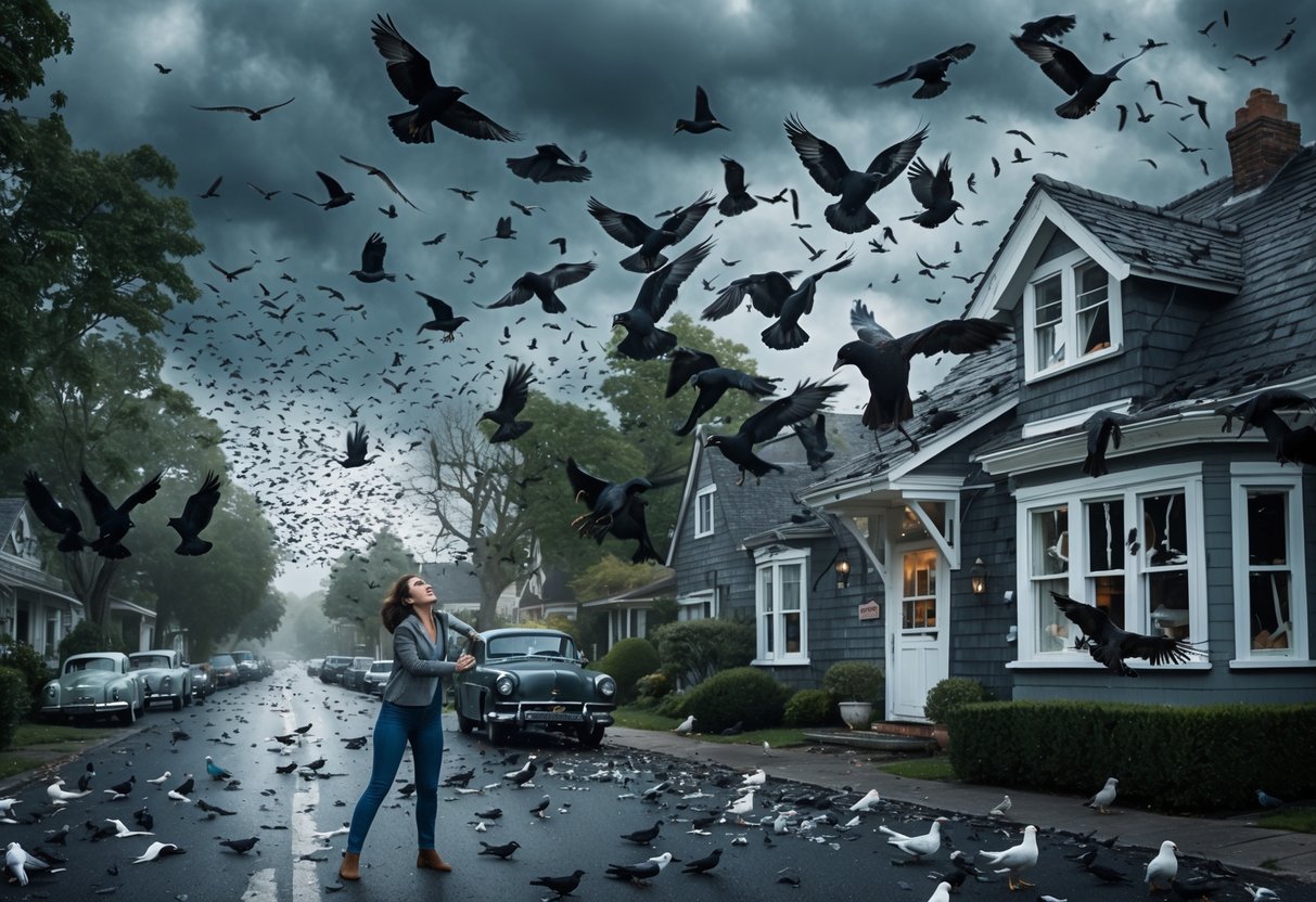 A woman stands outside a house in a coastal town as a large flock of aggressive birds attacks, with dark clouds overhead and broken windows visible.