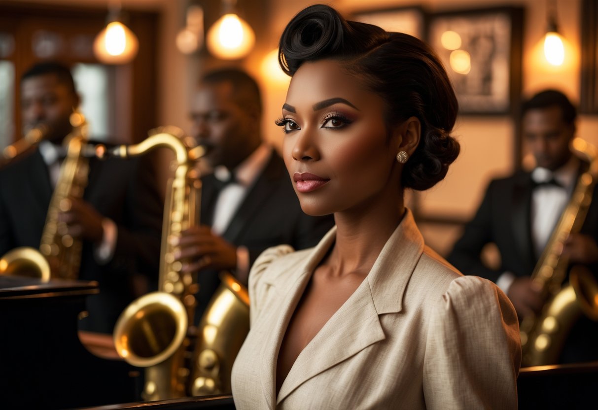 An African American woman in 1940s vintage clothing standing in a softly lit jazz club with musicians playing in the background.