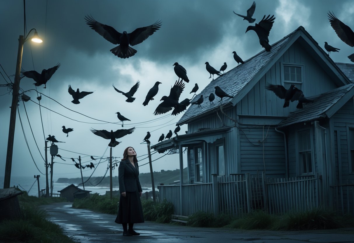A woman stands near a wooden house by the coast, looking up as many black birds perch and fly aggressively around her under a dark, stormy sky.