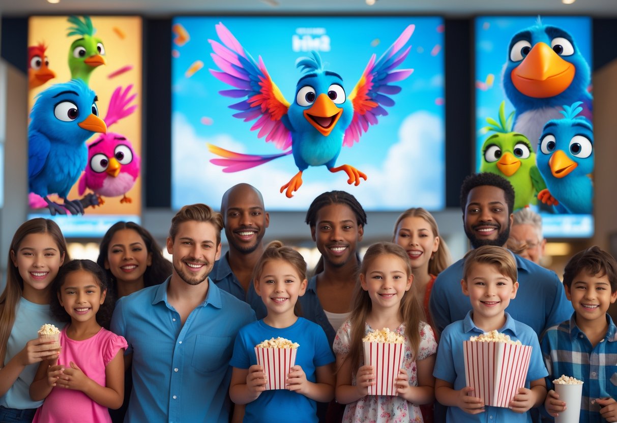 Families and children excitedly waiting in a movie theater lobby with colorful animated bird posters and displays.
