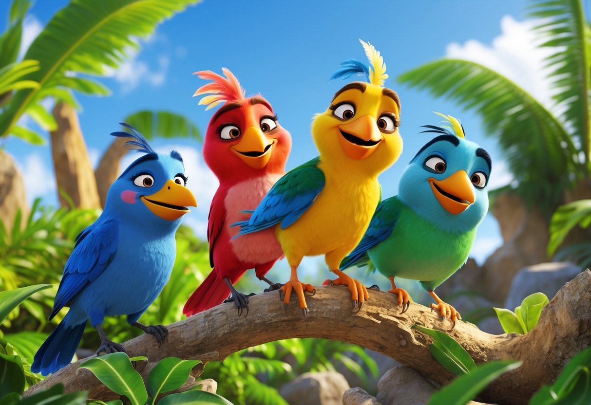 A group of colorful animated birds perched on branches and rocks in a tropical setting, showing dynamic and playful expressions.