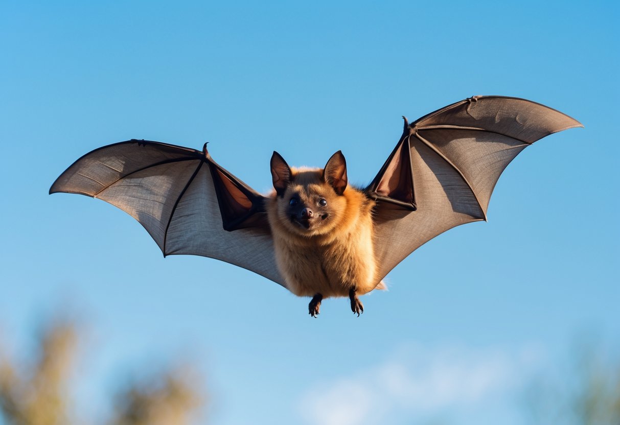 A bat flying with wings fully spread against a clear blue sky.