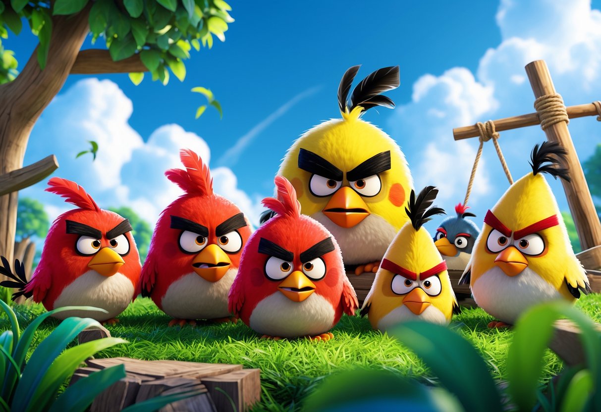 A group of angry birds with determined expressions standing in a green outdoor setting with wooden structures and slingshots in the background.