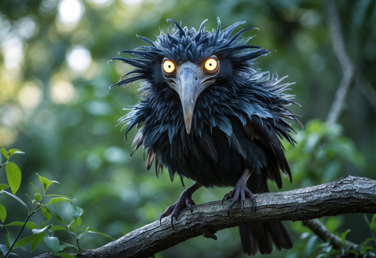 A strange and eerie bird with sharp beak and glowing eyes perched on a branch in a green natural environment.