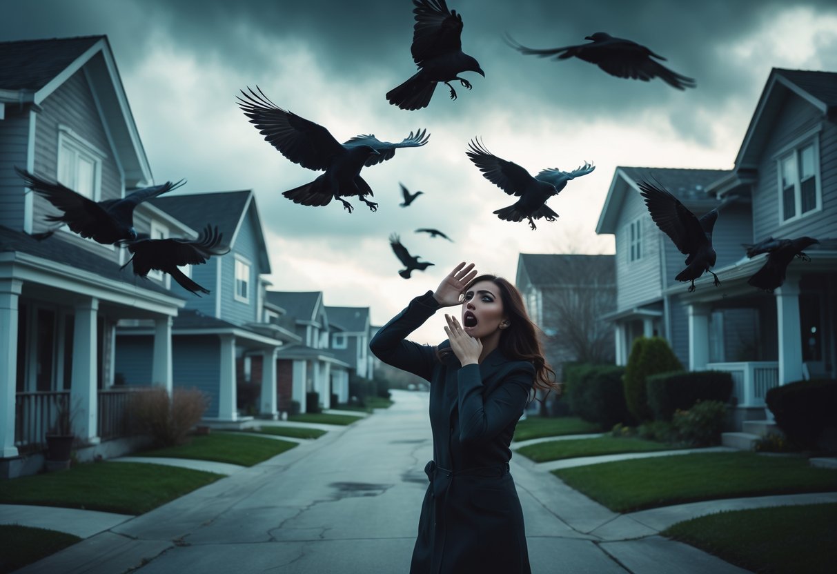 A frightened woman on a suburban street is being approached aggressively by several black birds flying toward her.