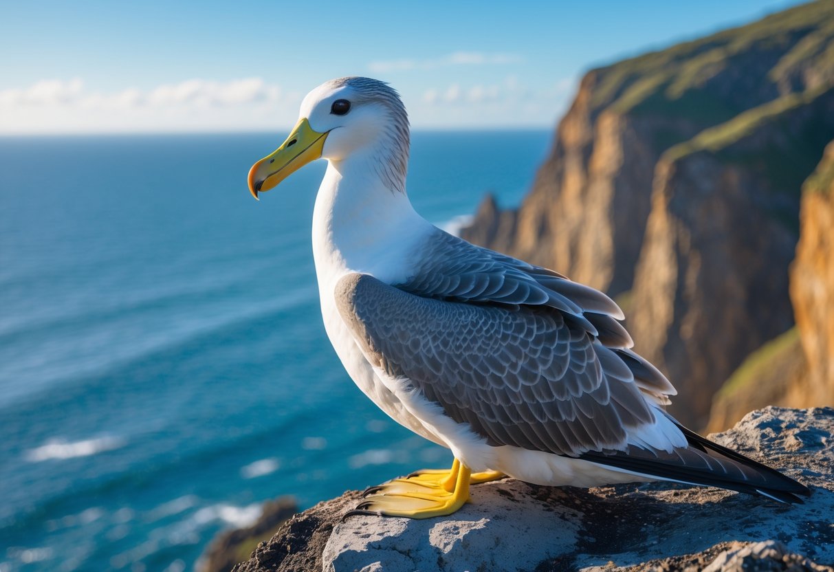 A Laysan albatross standing on a rocky cliff by the ocean under a clear blue sky.