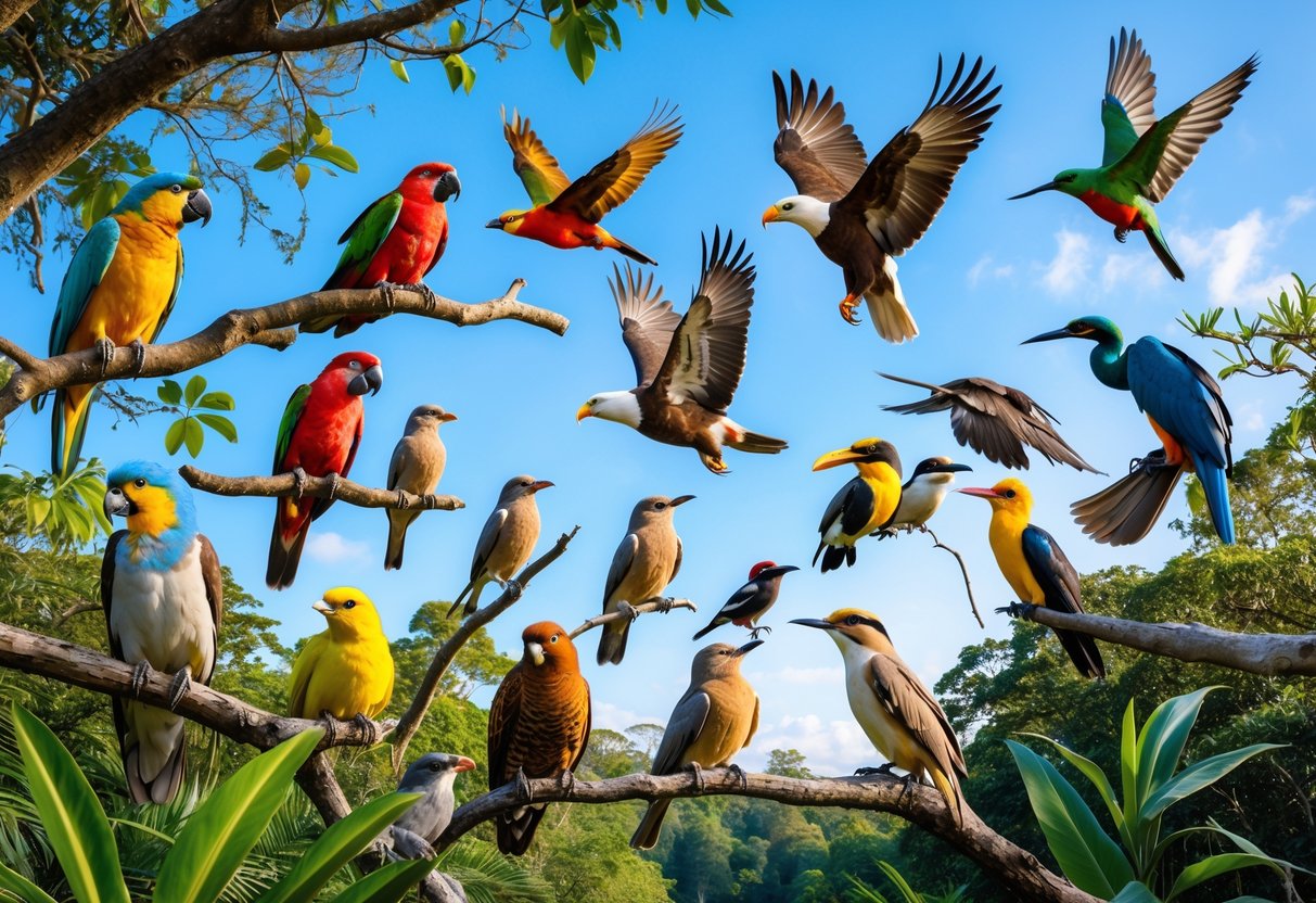 A variety of different bird species perched on branches and flying in a green forest under a clear blue sky.