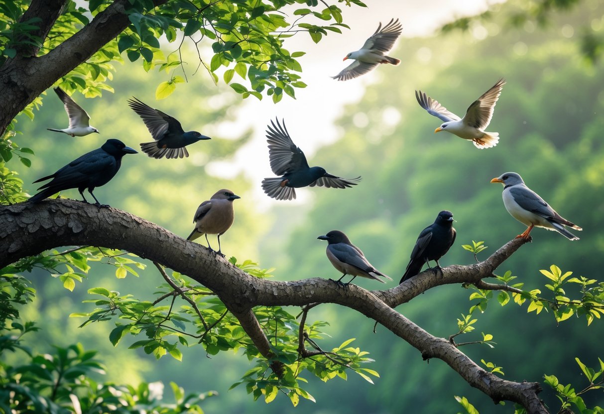 A group of birds perched on tree branches and flying in a green forest with sunlight filtering through the leaves.