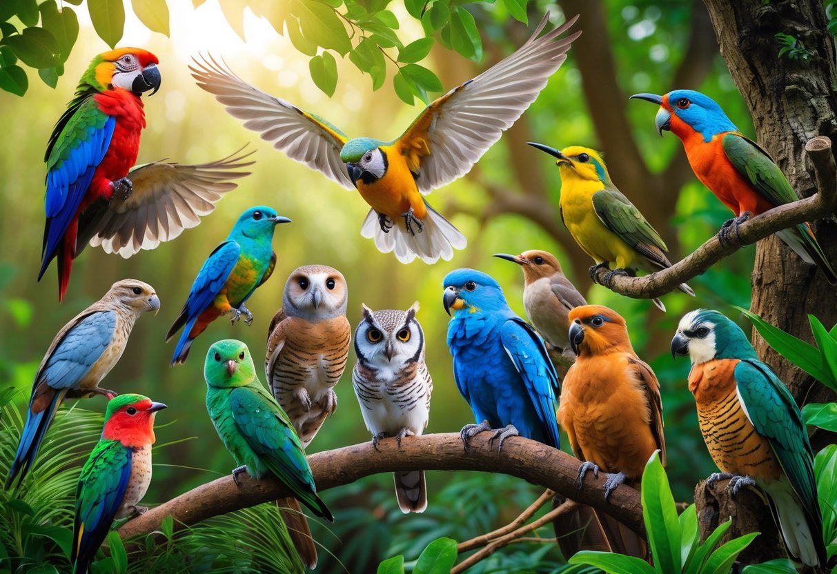 A variety of colorful birds perched and flying in a green forest with sunlight filtering through the trees.