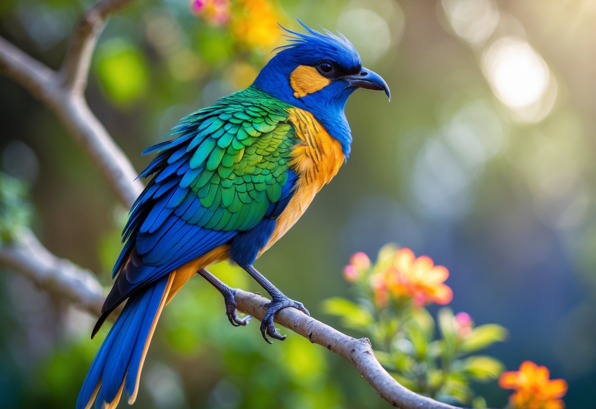 A colorful bird with vibrant blue, green, and gold feathers perched on a tree branch with a blurred green background.