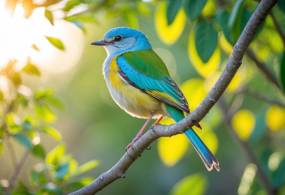 A colorful female bird perched on a tree branch surrounded by green leaves.