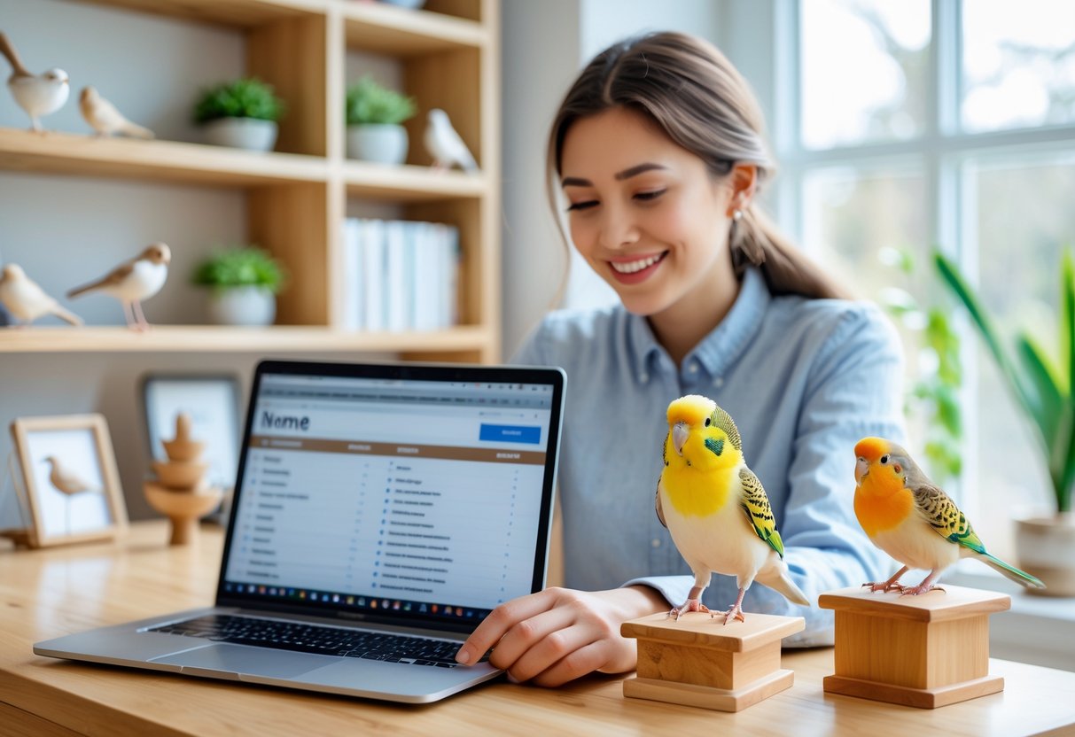 A young woman sitting at a desk with a small colorful bird perched nearby, looking thoughtfully at a laptop in a bright, cozy room.