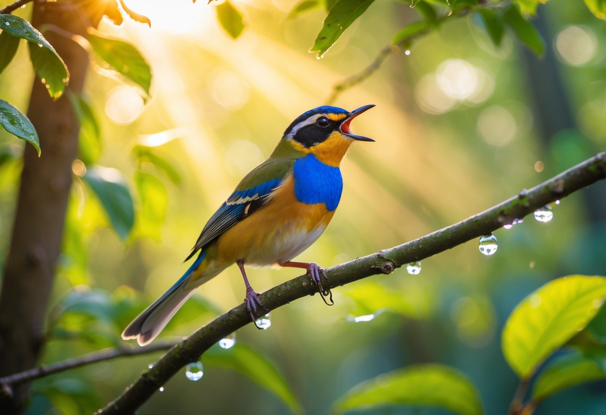 A colorful songbird perched on a tree branch in a sunlit forest, appearing to sing with green leaves in the background.